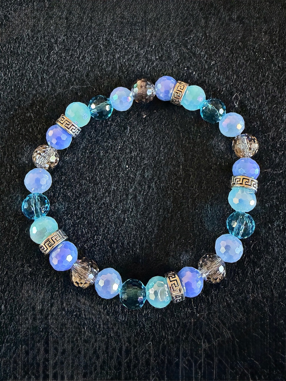 Iridescent Blue & Teal Faceted Bead Stretch Bracelet with Silver Accents